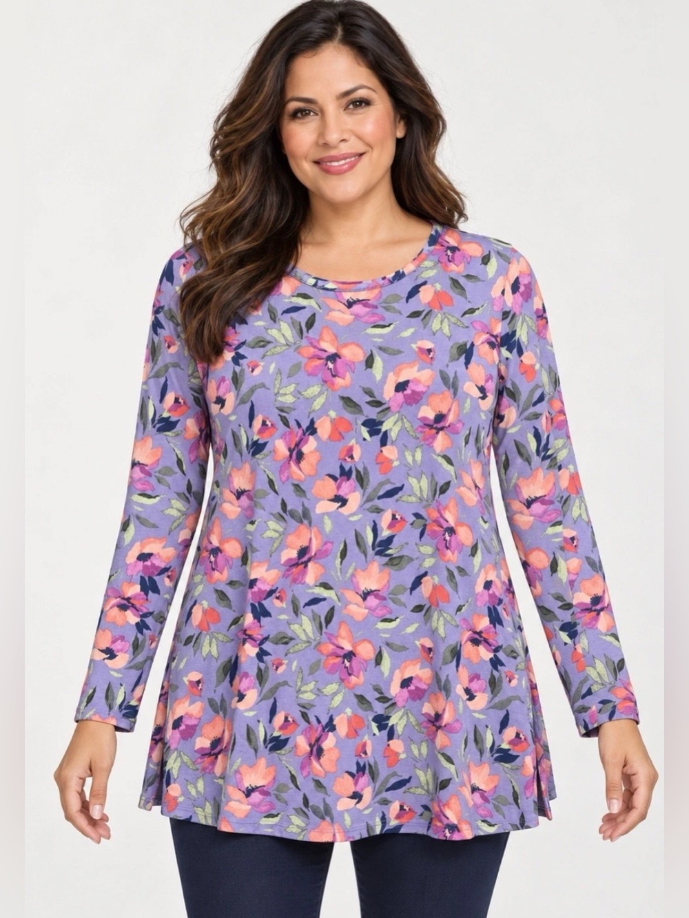 Denim & Co Heavenly Jersey Lilac Floral Long Sleeve Swing Tunic Small A715779